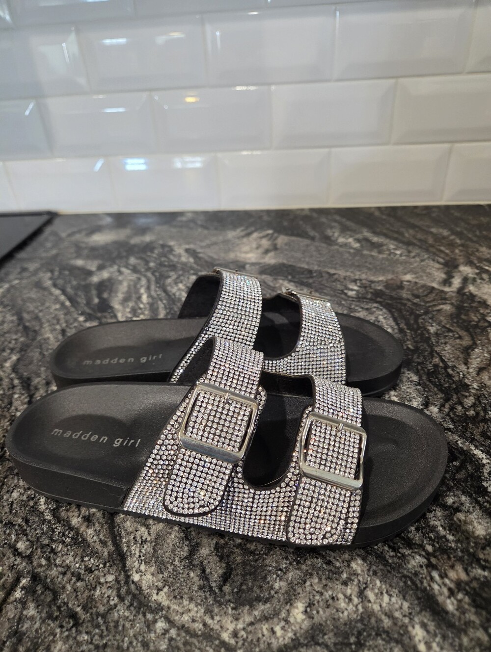 Madden Girl Black Slides with Rhinestone Buckles - Picture 5 of 7